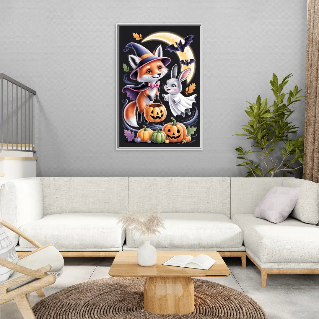 Whimsical Fox and Rabbit Cute Halloween - Living Room White Frame Canvas