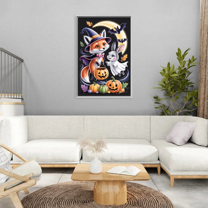 Whimsical Fox and Rabbit Cute Halloween - Living Room White Frame Canvas