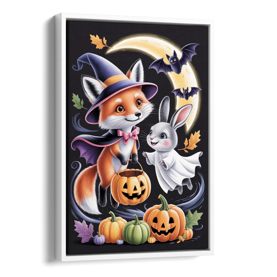 Whimsical Fox and Rabbit Cute Halloween Side - White Canvas Wall Art