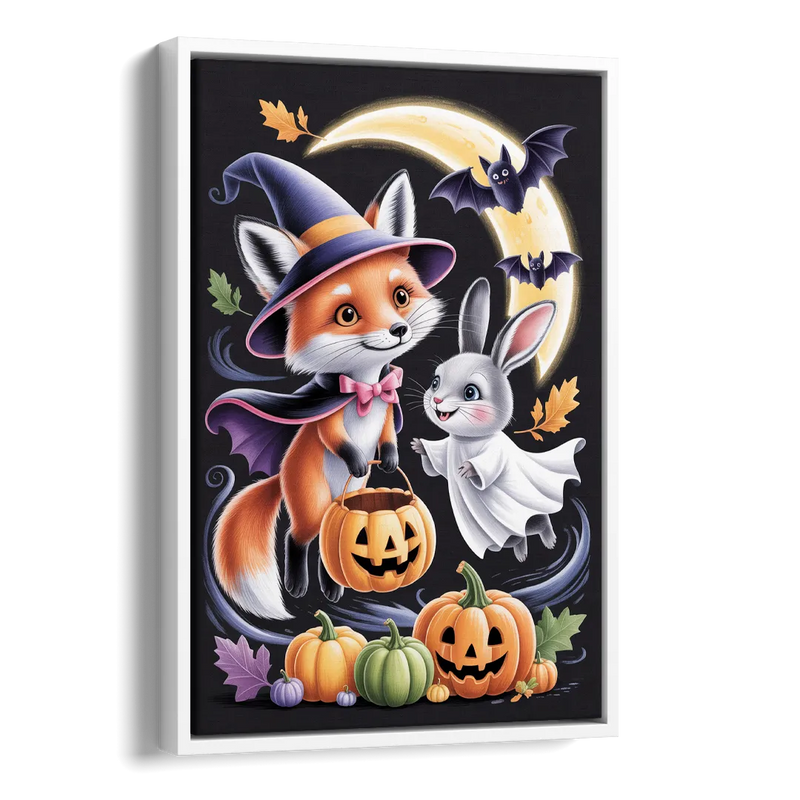 Whimsical Fox and Rabbit Cute Halloween Side - White Canvas Wall Art