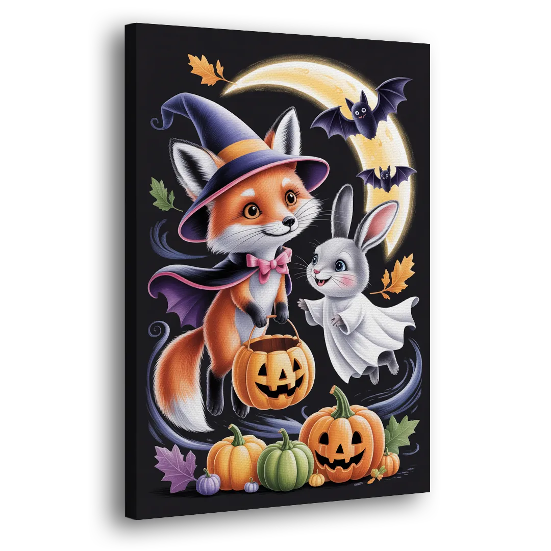 Whimsical Fox and Rabbit Cute Halloween Side - Canvas Wall Art