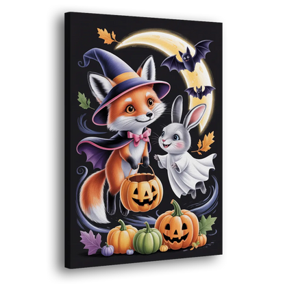 Whimsical Fox and Rabbit Cute Halloween Side - Canvas Wall Art