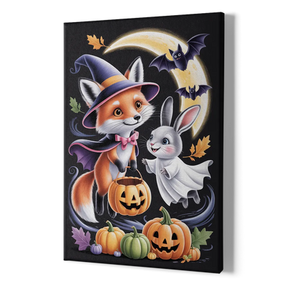 Whimsical Fox and Rabbit Cute Halloween - Canvas Print Art Sides