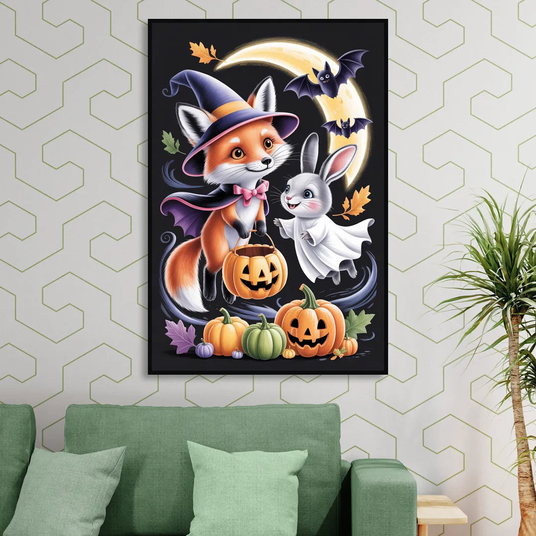Whimsical Fox and Rabbit Cute Halloween Living Room - Black Canvas Wall Art