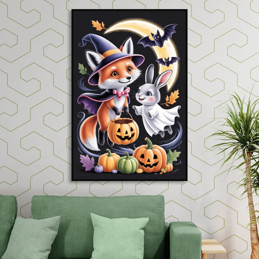 Whimsical Fox and Rabbit Cute Halloween Living Room - Black Canvas Wall Art