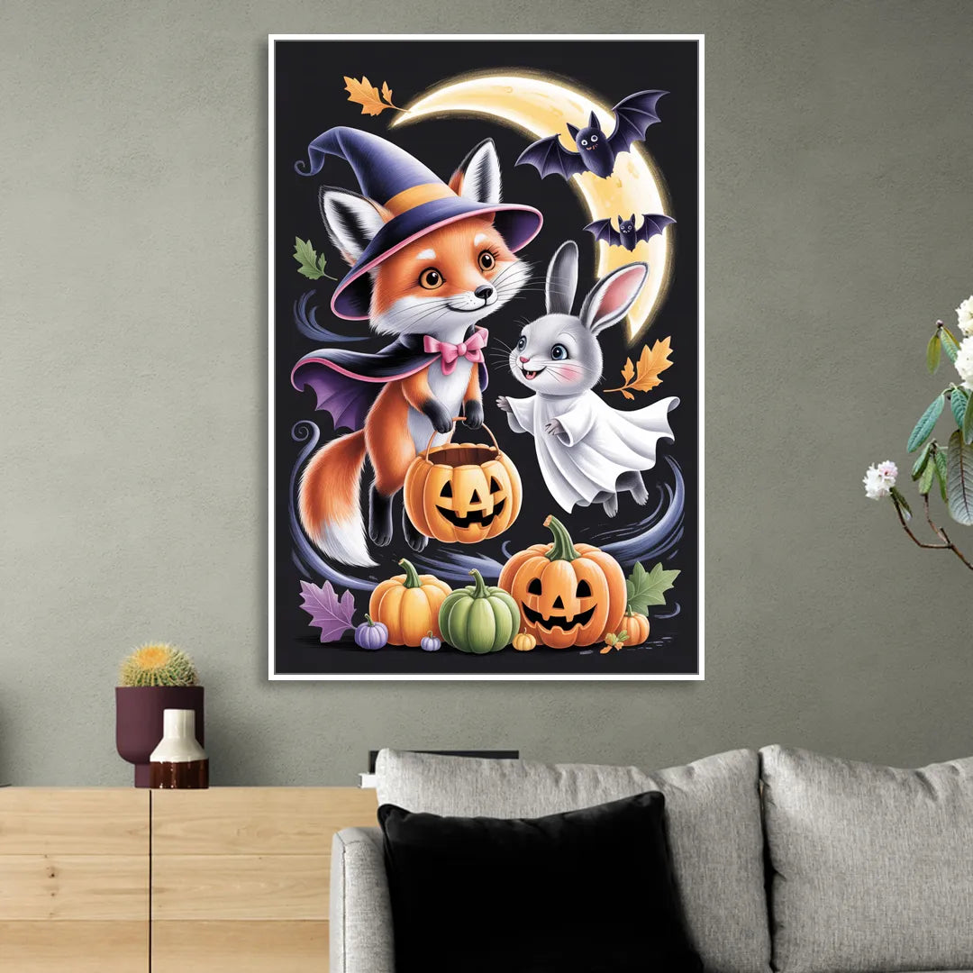 Whimsical Fox and Rabbit Cute Halloween Living Room - White Canvas Wall Art