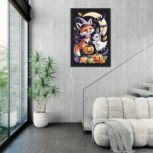 Whimsical Fox and Rabbit Cute Halloween - Living Room Black Frame Canvas