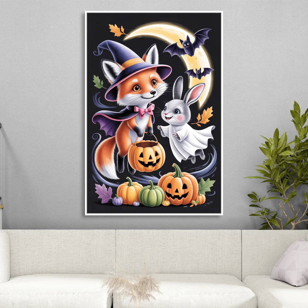 Whimsical Fox and Rabbit Cute Halloween Sitting Room - White Canvas Wall Art