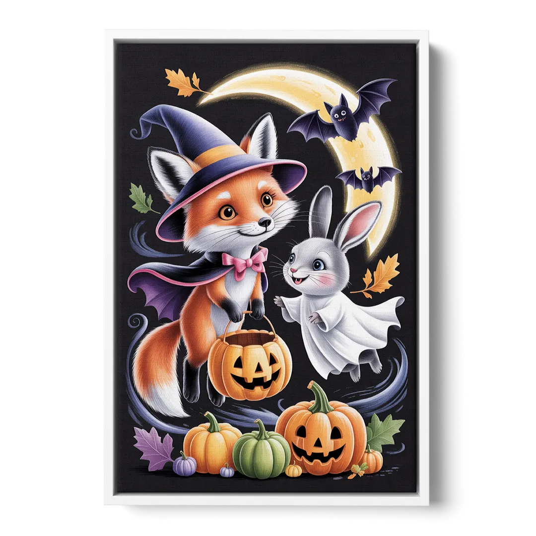 Whimsical Fox and Rabbit Cute Halloween Front - White Canvas Wall Art