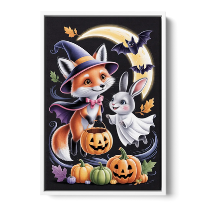 Whimsical Fox and Rabbit Cute Halloween Front - White Canvas Wall Art