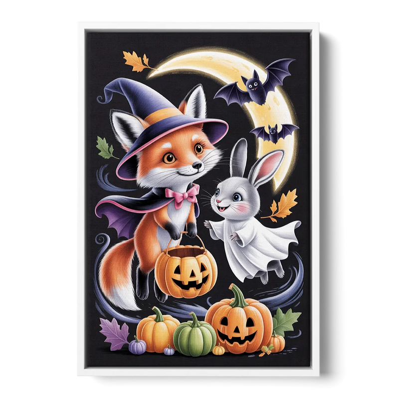 Whimsical Fox and Rabbit Cute Halloween Front - White Canvas Wall Art