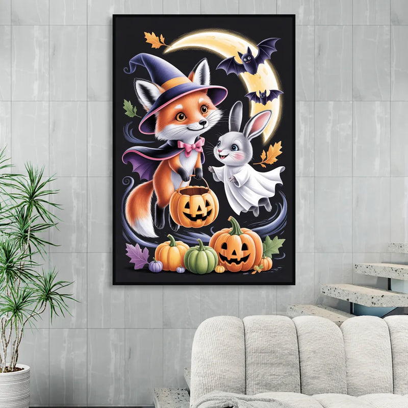 Whimsical Fox and Rabbit Cute Halloween Sitting Room - Black Canvas Wall Art