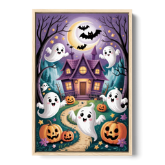 Whimsical Haunted House Cute Halloween - Oak Framed Canvas Wall Art - Front