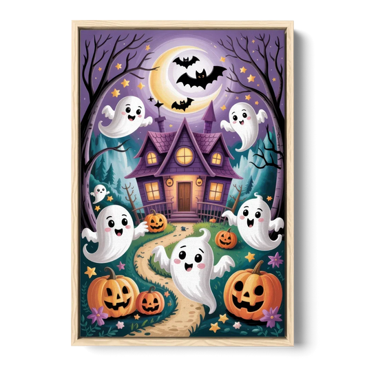 Whimsical Haunted House Cute Halloween - Oak Framed Canvas Wall Art - Front