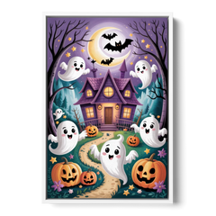 Whimsical Haunted House Cute Halloween - White Framed Canvas Wall Art - Front