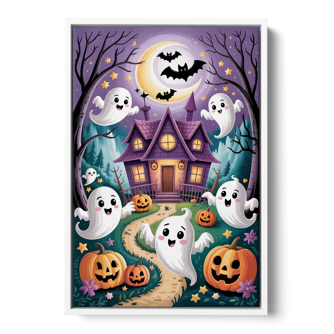 Whimsical Haunted House Cute Halloween Front - White Canvas Wall Art