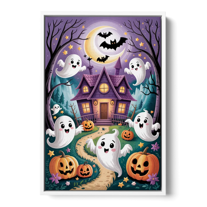 Whimsical Haunted House Cute Halloween Front - White Canvas Wall Art