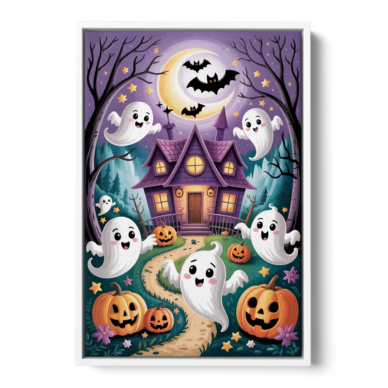 Whimsical Haunted House Cute Halloween Front - White Canvas Wall Art