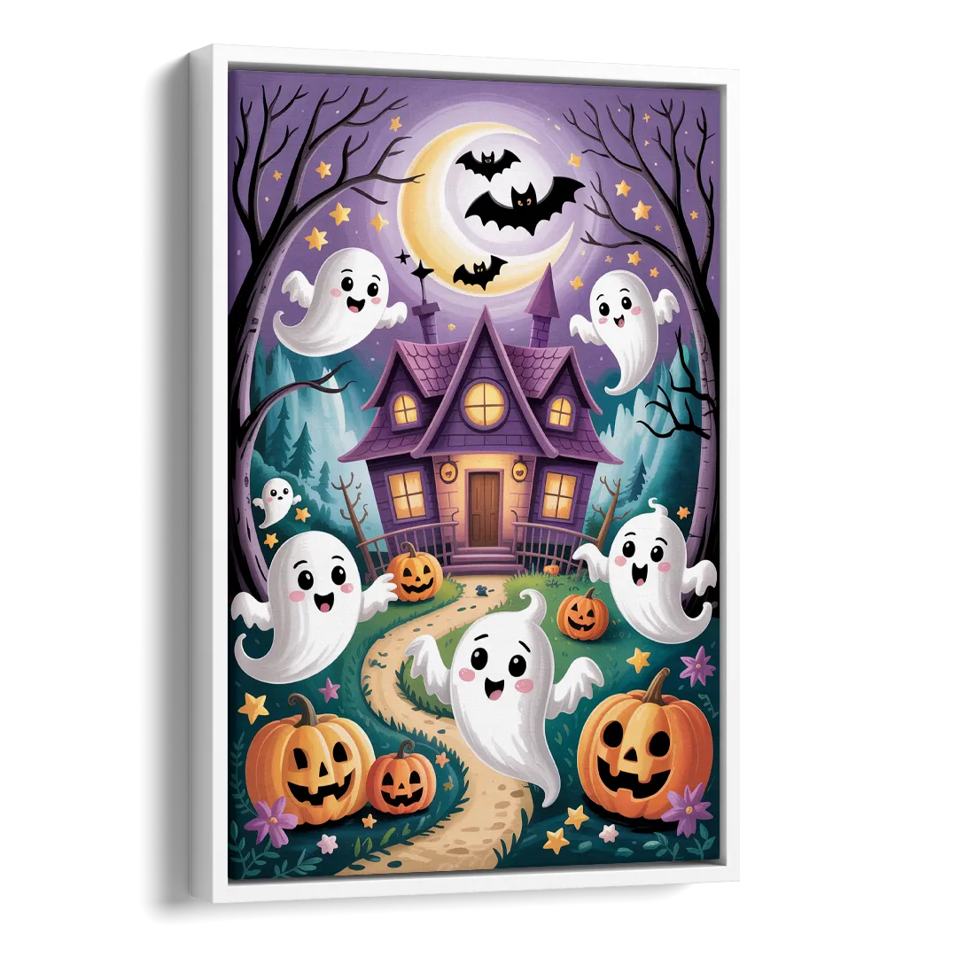 Whimsical Haunted House Cute Halloween Side - White Canvas Wall Art
