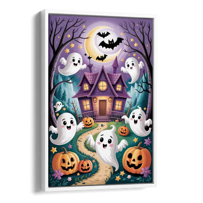 Whimsical Haunted House Cute Halloween Side - White Canvas Wall Art