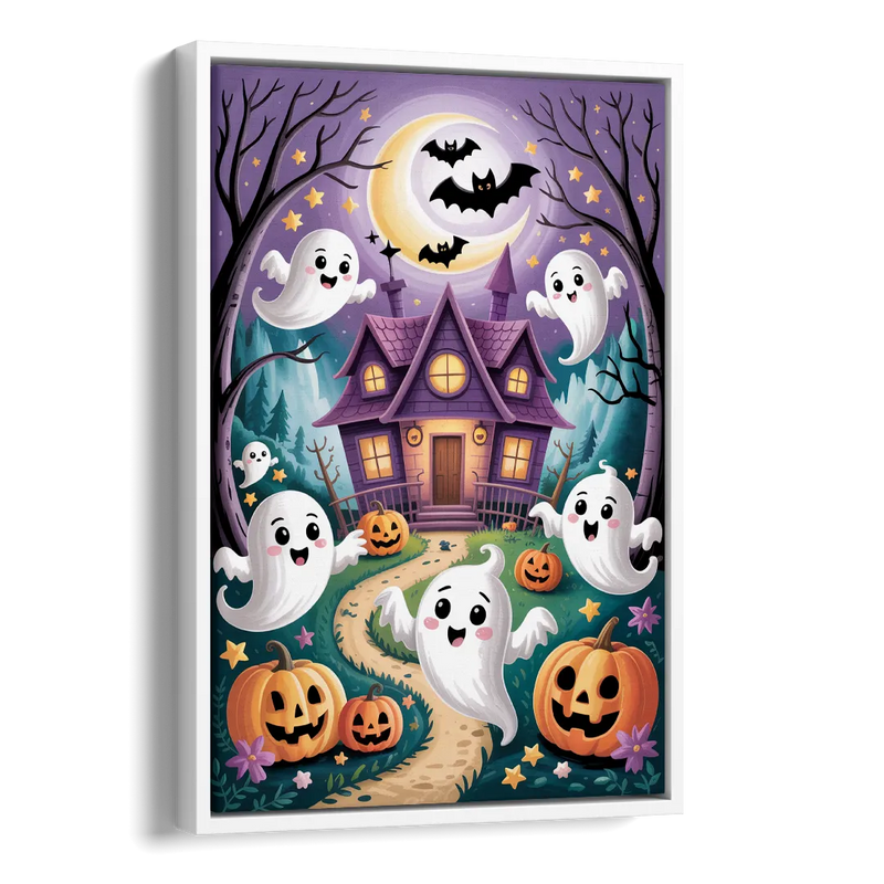 Whimsical Haunted House Cute Halloween Side - White Canvas Wall Art