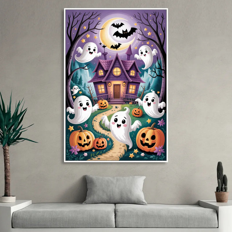Whimsical Haunted House Cute Halloween Sitting Room - White Canvas Wall Art