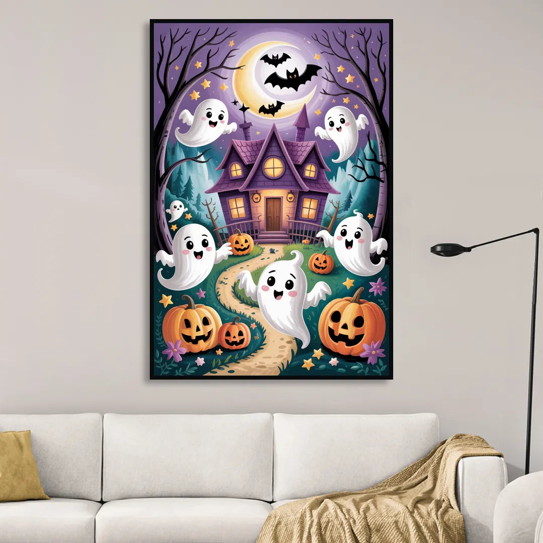 Whimsical Haunted House Cute Halloween Sitting Room - Black Canvas Wall Art