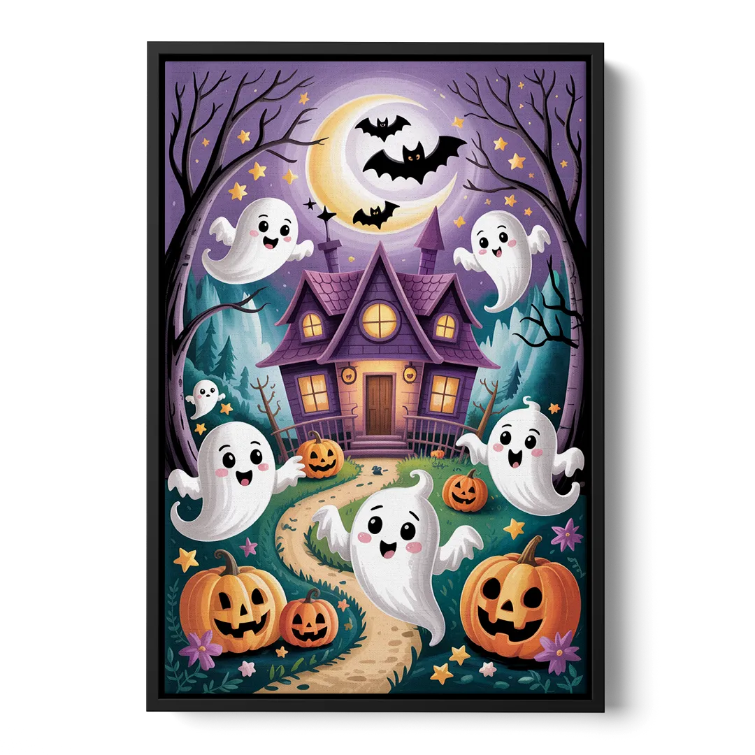 Whimsical Haunted House Cute Halloween Front - Black Canvas Wall Art