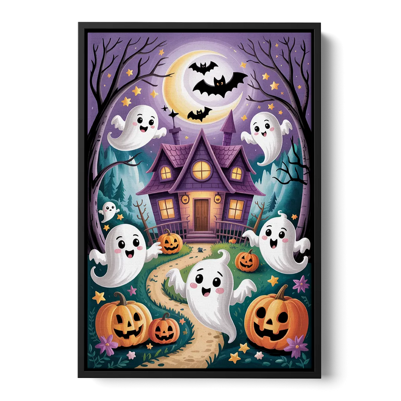 Whimsical Haunted House Cute Halloween Front - Black Canvas Wall Art