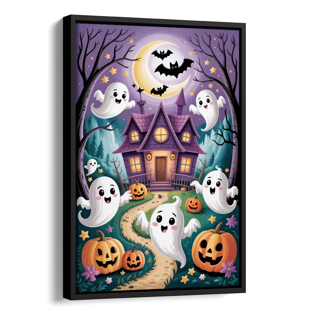 Whimsical Haunted House Cute Halloween Side - Black Canvas Wall Art