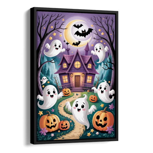 Whimsical Haunted House Cute Halloween Side - Black Canvas Wall Art
