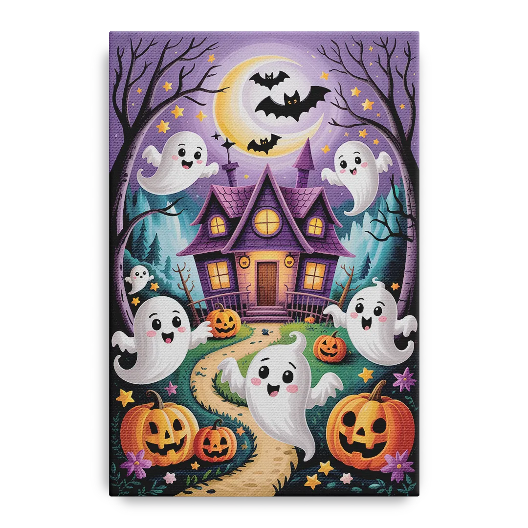 Whimsical Haunted House Cute Halloween Front - Canvas Wall Art