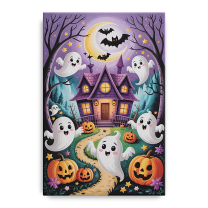 Whimsical Haunted House Cute Halloween Front - Canvas Wall Art