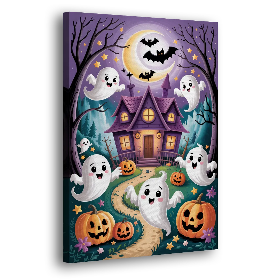 Whimsical Haunted House Cute Halloween Side - Canvas Wall Art