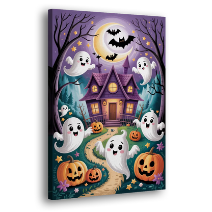 Whimsical Haunted House Cute Halloween Side - Canvas Wall Art