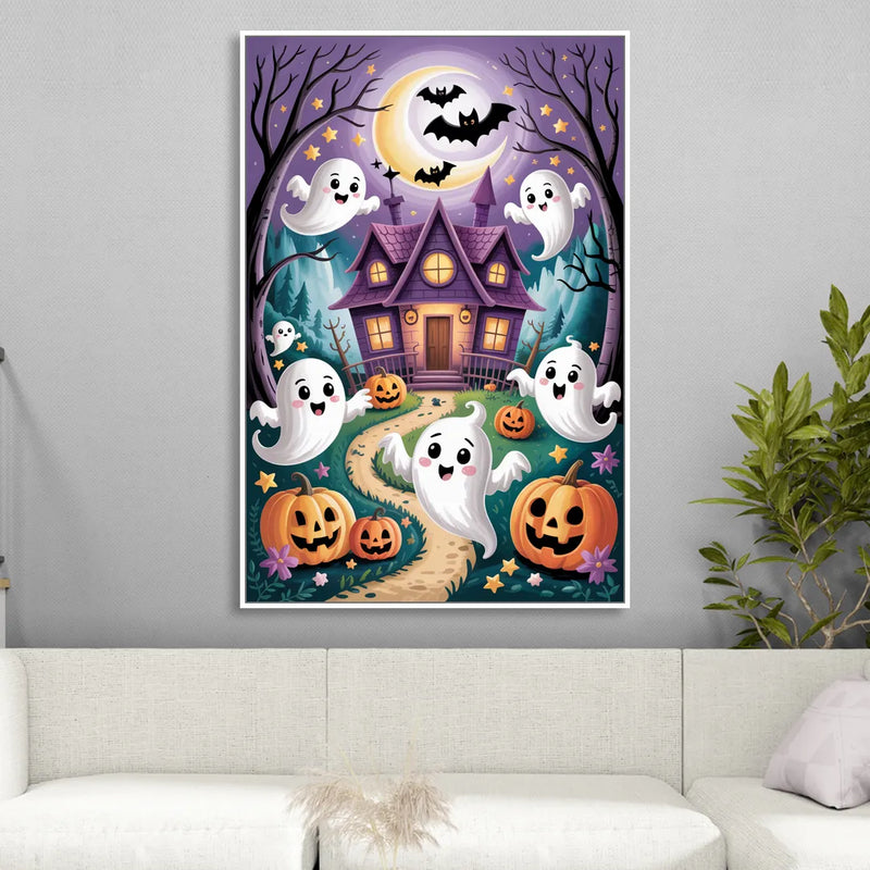 Whimsical Haunted House Cute Halloween Living Room - White Canvas Wall Art