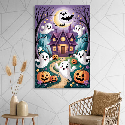 Whimsical Haunted House Cute Halloween Sitting Room - Canvas Wall Art