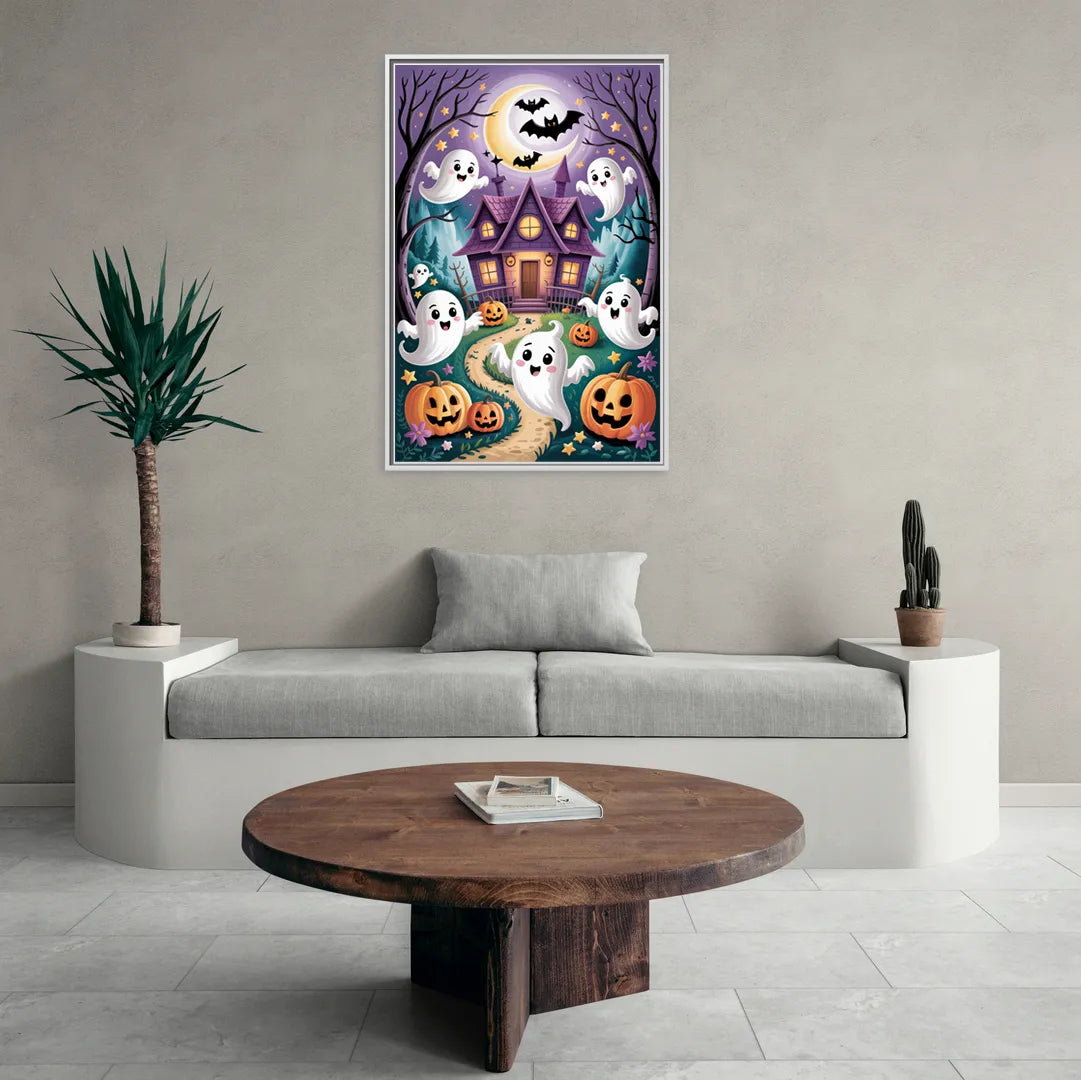 Whimsical Haunted House Cute Halloween - Living Room White Frame Canvas
