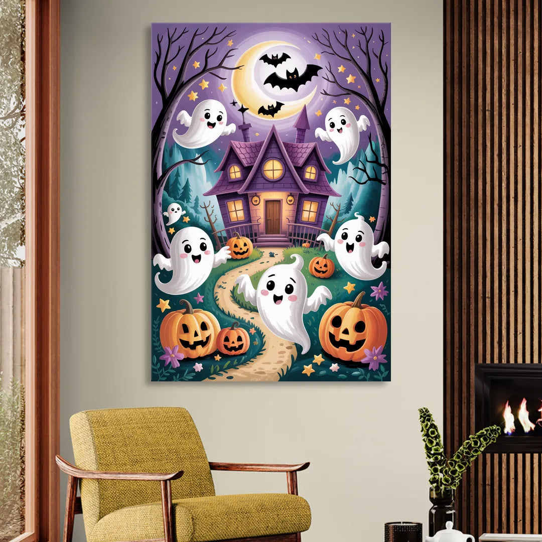 Whimsical Haunted House Cute Halloween Living Room - Canvas Wall Art