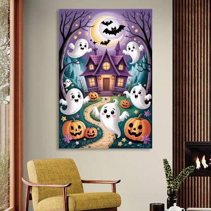 Whimsical Haunted House Cute Halloween Living Room - Canvas Wall Art