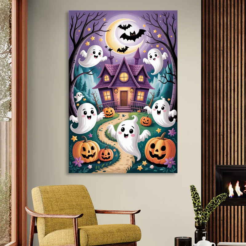 Whimsical Haunted House Cute Halloween Living Room - Canvas Wall Art