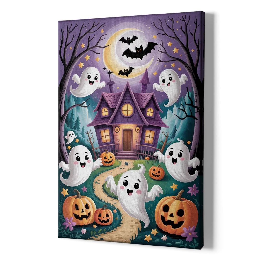 Whimsical Haunted House Cute Halloween - Canvas Print Art Sides
