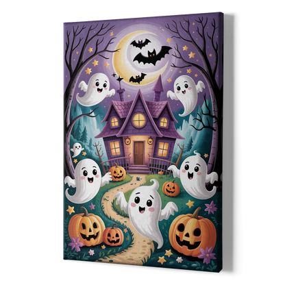 Whimsical Haunted House Cute Halloween - Canvas Print Art Sides
