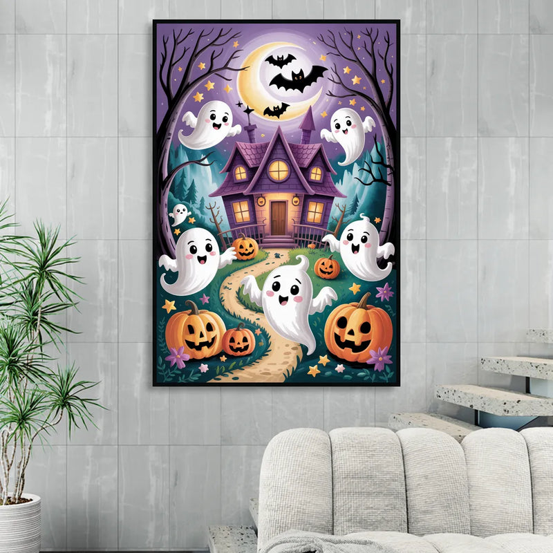 Whimsical Haunted House Cute Halloween Living Room - Black Canvas Wall Art