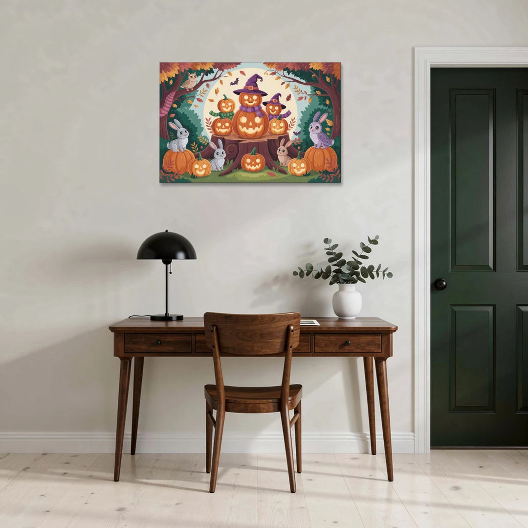 Whimsical Pumpkins Scene Cute Halloween - Canvas Wall Art - Office - 36x24