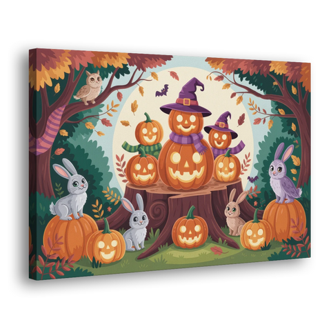 Whimsical Pumpkins Scene Cute Halloween - Canvas Wall Art - Side