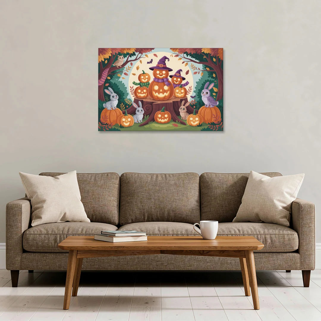Whimsical Pumpkins Scene Cute Halloween - Canvas Wall Art - Sofa - 36x24