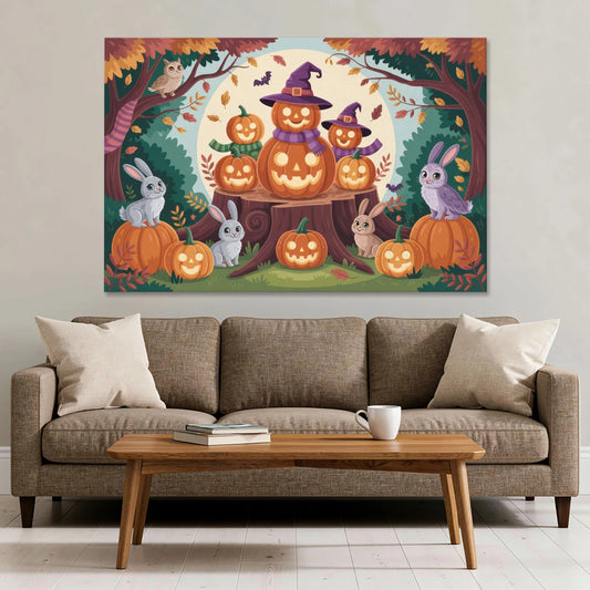 Whimsical Pumpkins Scene Cute Halloween - Canvas Wall Art - Sofa - 60x40