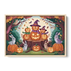 Whimsical Pumpkins Scene Cute Halloween - Oak Framed Canvas Wall Art - Front