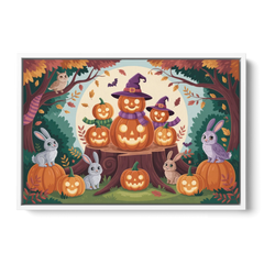 Whimsical Pumpkins Scene Cute Halloween - White Framed Canvas Wall Art - Front